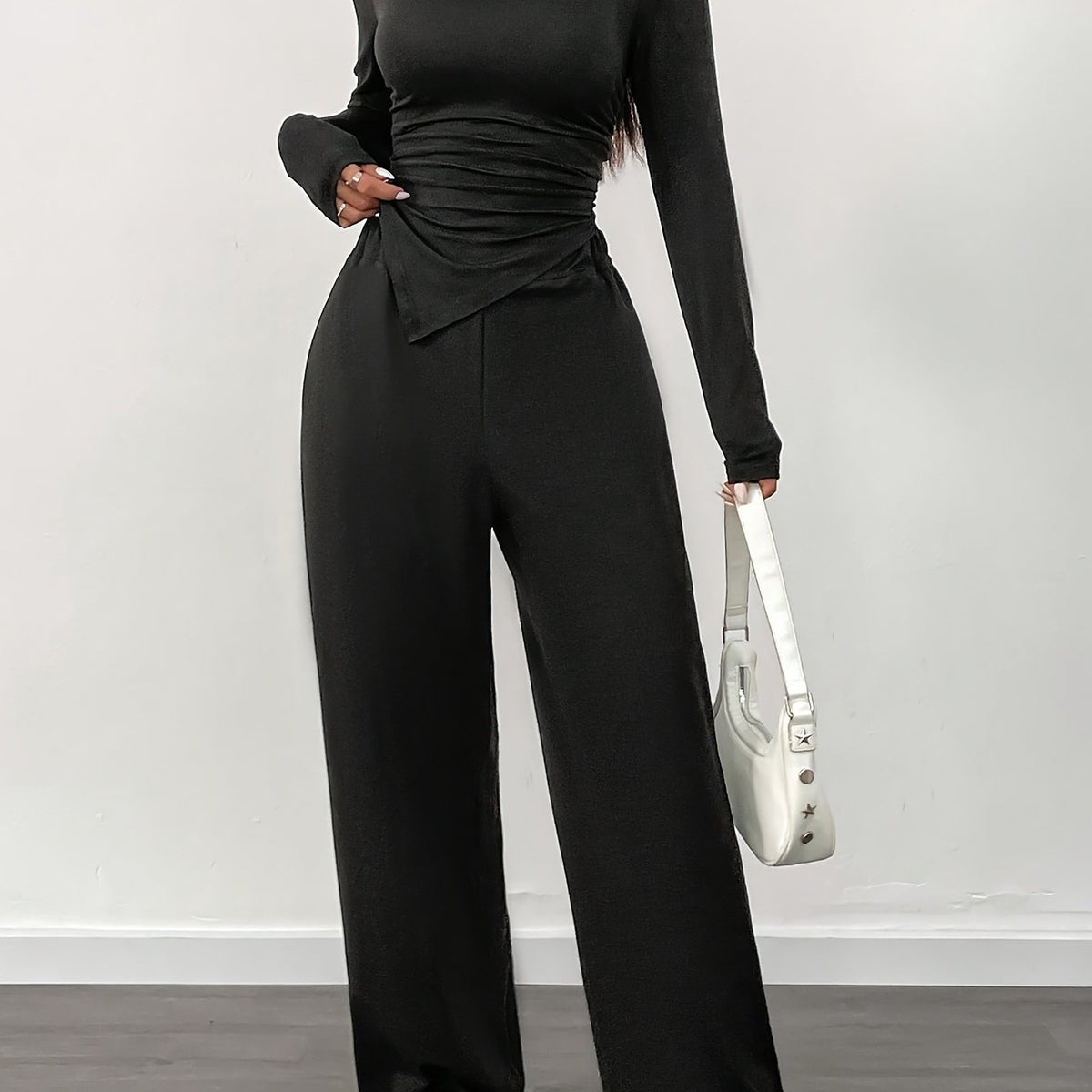 Women’s 2-Piece Set – Solid Color Asymmetrical Ruffled Long-Sleeve Shirt with Wide-Leg Pants | Casual Chic Spring/Summer Outfit