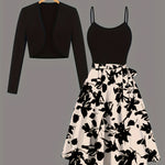 Women’s Elegant Two-Piece Dress Suit – Knit Cardigan Jacket & Lace-Up Suspender Dress | Floral Print Outfit for All Seasons