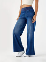 Women’s High-Waisted Stretch Wide-Leg Jeans – Elastic Waist Washed Denim Pants | Relaxed Fit, Soft & Comfortable All-Season Style