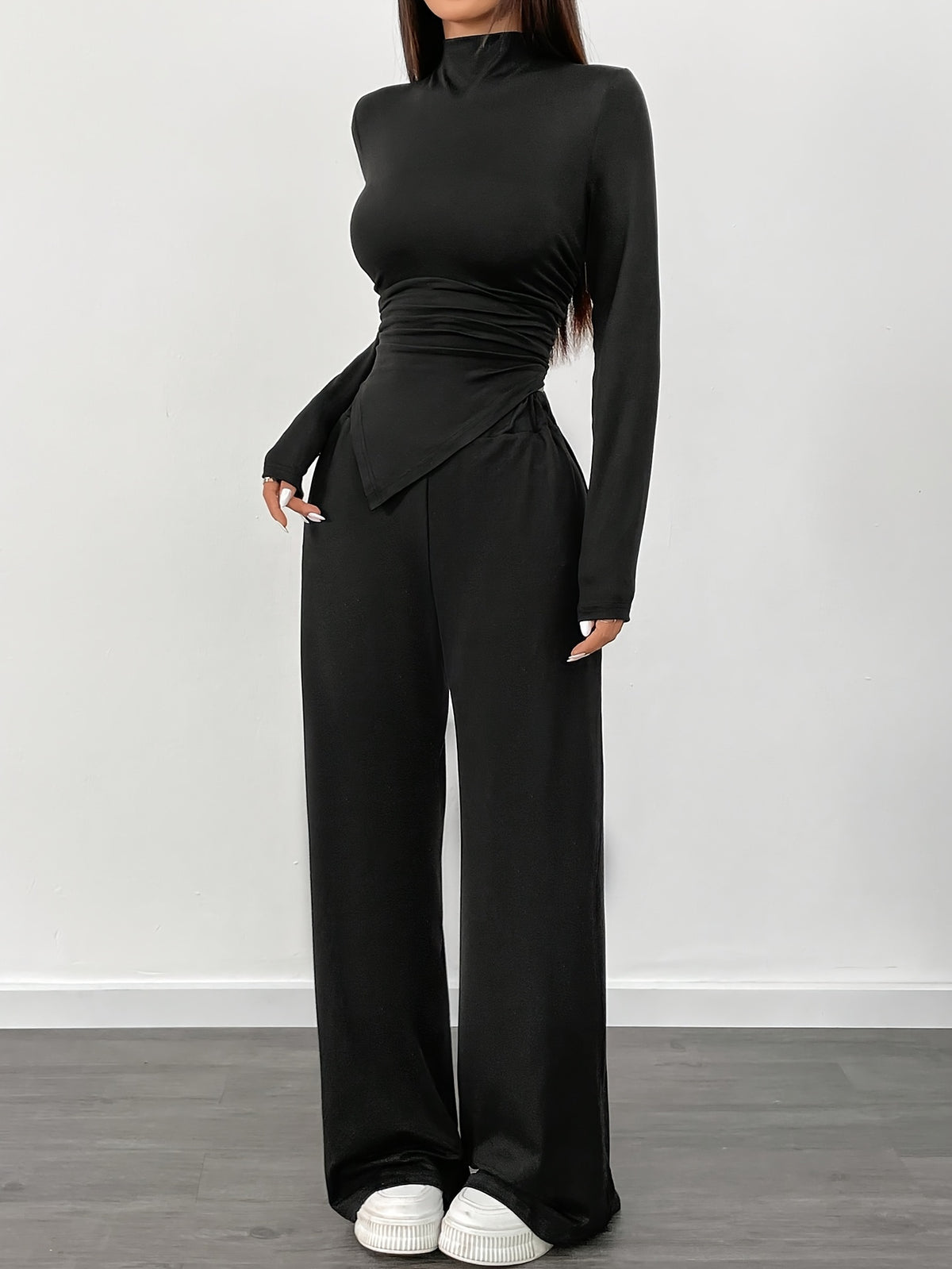 Women’s 2-Piece Set – Solid Color Asymmetrical Ruffled Long-Sleeve Shirt with Wide-Leg Pants | Casual Chic Spring/Summer Outfit
