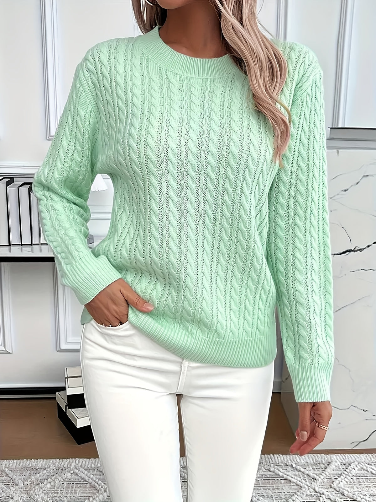 Yozy Women’s Casual Loose-Fit Sweater – Solid Color Ribbed Knit Long Sleeve Pullover | Comfortable Crew Neck Top for Spring & Autumn