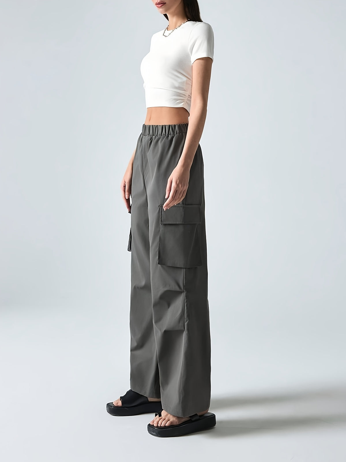 Women’s Casual Two-Piece Set – Solid Color Short Sleeve T-Shirt & Cargo Pants | Breathable Spring/Summer Outfit