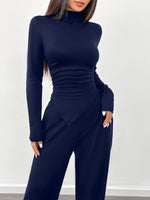 Women’s 2-Piece Set – Solid Color Asymmetrical Ruffled Long-Sleeve Shirt with Wide-Leg Pants | Casual Chic Spring/Summer Outfit