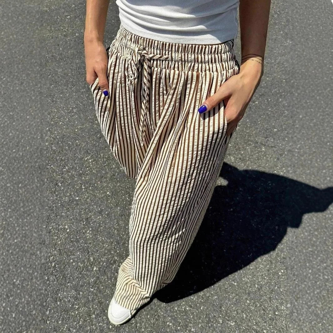 Women’s Casual Striped Straight Leg Pants – High Quality Polyester Trousers with Natural Waist | Elegant Winter Fashion