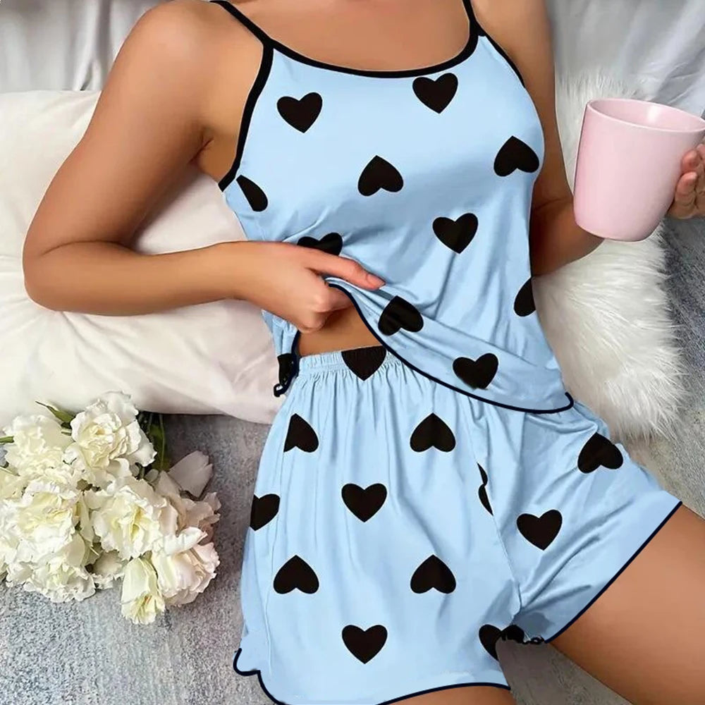 Women’s Summer Pajama Set – Pink Heart Print Sleeveless T-Shirt & Shorts | Ice Silk Polyester Casual Sleepwear