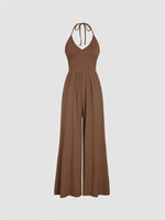 Women’s Sexy Halter Neck Lace-Up Jumpsuit – Open Back High Waist Wide Leg Y2K Knit One-Piece Outfit (2025 Collection)