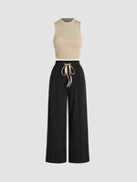 Women’s Summer Two-Piece Pants Set – Solid Color Sleeveless Vest with Pleated Trousers | Casual & Elegant Wrinkle-Free Outfit