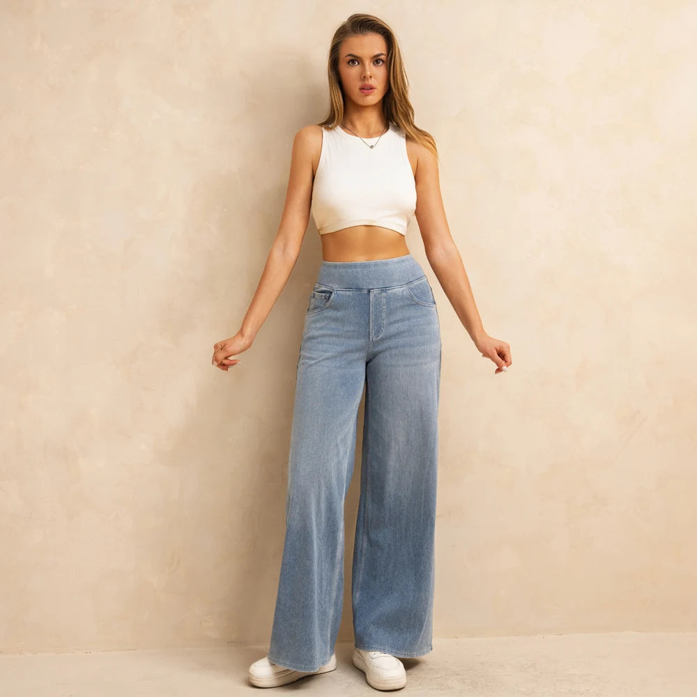 Women’s High-Waisted Wide-Leg Jeans – Light Blue Elastic Waist Denim Pants with Pockets | Casual Baggy Fit (Spring/Summer 2025)