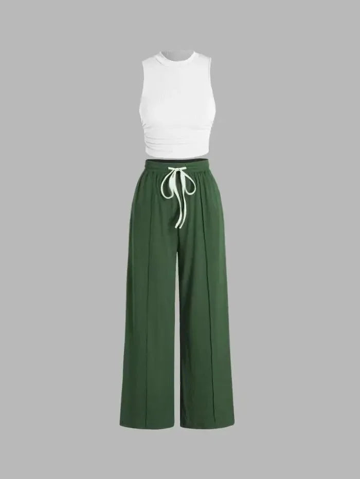 Women’s Summer Two-Piece Pants Set – Solid Color Sleeveless Vest with Pleated Trousers | Casual & Elegant Wrinkle-Free Outfit