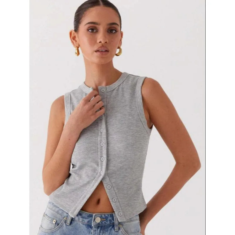 Women’s Ribbed Button Down Tank Top – Slim Fit Sleeveless Crop Vest for Summer Outfits & Going Out