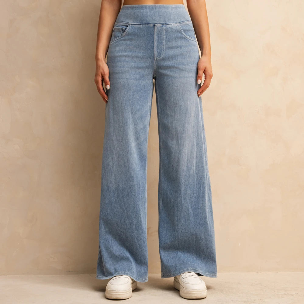 Women’s High-Waisted Wide-Leg Jeans – Light Blue Elastic Waist Denim Pants with Pockets | Casual Baggy Fit (Spring/Summer 2025)