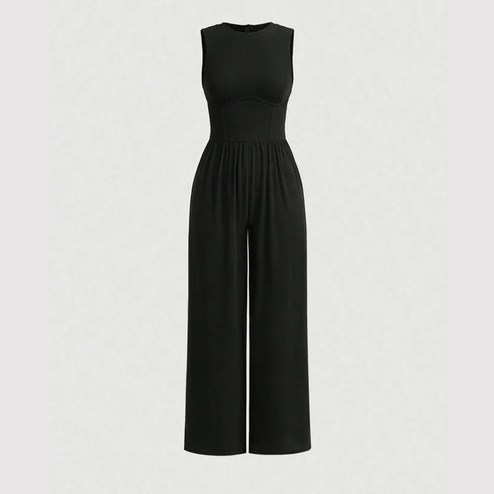 Women’s Solid Color Sleeveless Jumpsuit – Casual One-Piece Korean Style Round Neck Bodysuit Outfit