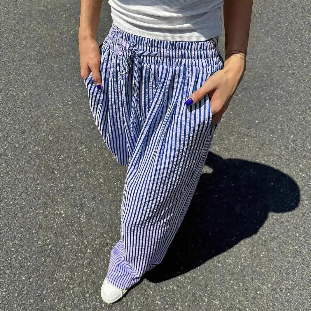 Women’s Casual Striped Straight Leg Pants – High Quality Polyester Trousers with Natural Waist | Elegant Winter Fashion