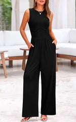Women’s Solid Color Sleeveless Jumpsuit – Casual One-Piece Korean Style Round Neck Bodysuit Outfit