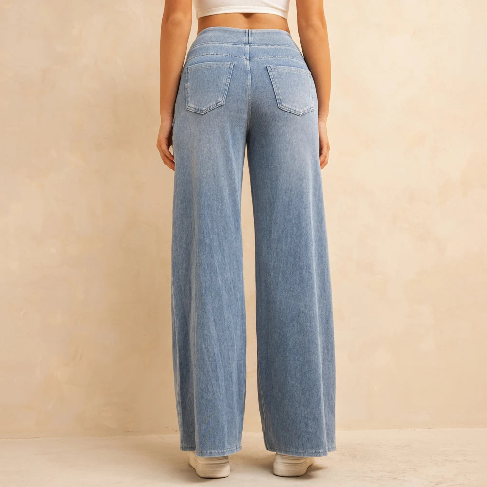 Women’s High-Waisted Wide-Leg Jeans – Light Blue Elastic Waist Denim Pants with Pockets | Casual Baggy Fit (Spring/Summer 2025)