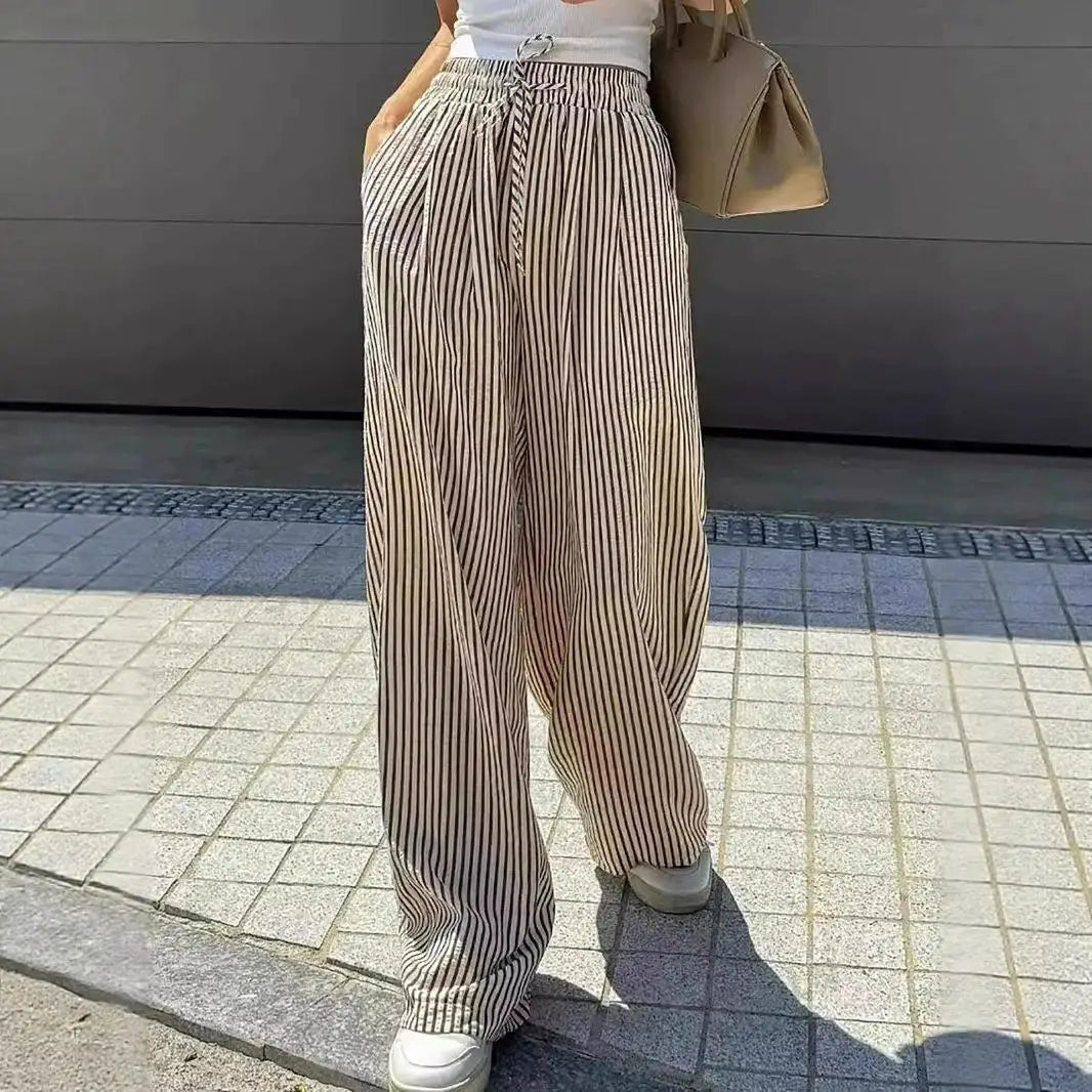 Women’s Casual Striped Straight Leg Pants – High Quality Polyester Trousers with Natural Waist | Elegant Winter Fashion
