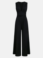 Women’s Elegant Deep V-Neck Jumpsuit – Sleeveless Pleated Wide-Leg Black Jumpsuit with High Waist & Backless Detail, Summer Outfit