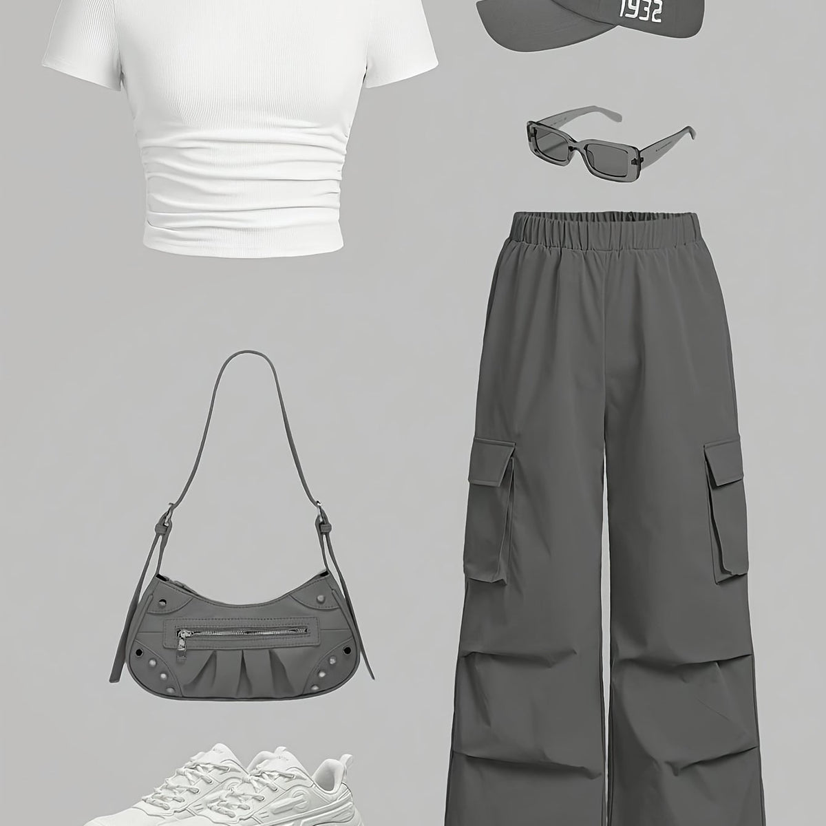 Women’s Casual Two-Piece Set – Solid Color Short Sleeve T-Shirt & Cargo Pants | Breathable Spring/Summer Outfit