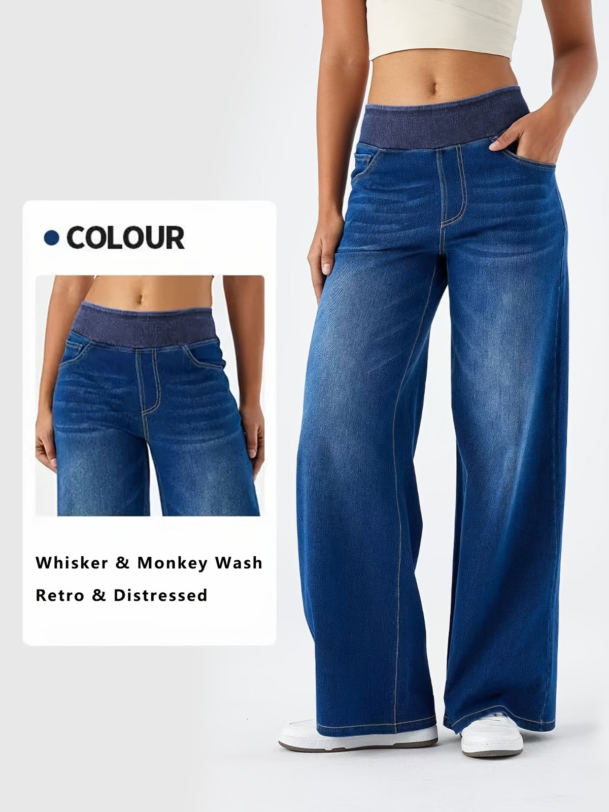 Women’s High-Waisted Stretch Wide-Leg Jeans – Elastic Waist Washed Denim Pants | Relaxed Fit, Soft & Comfortable All-Season Style