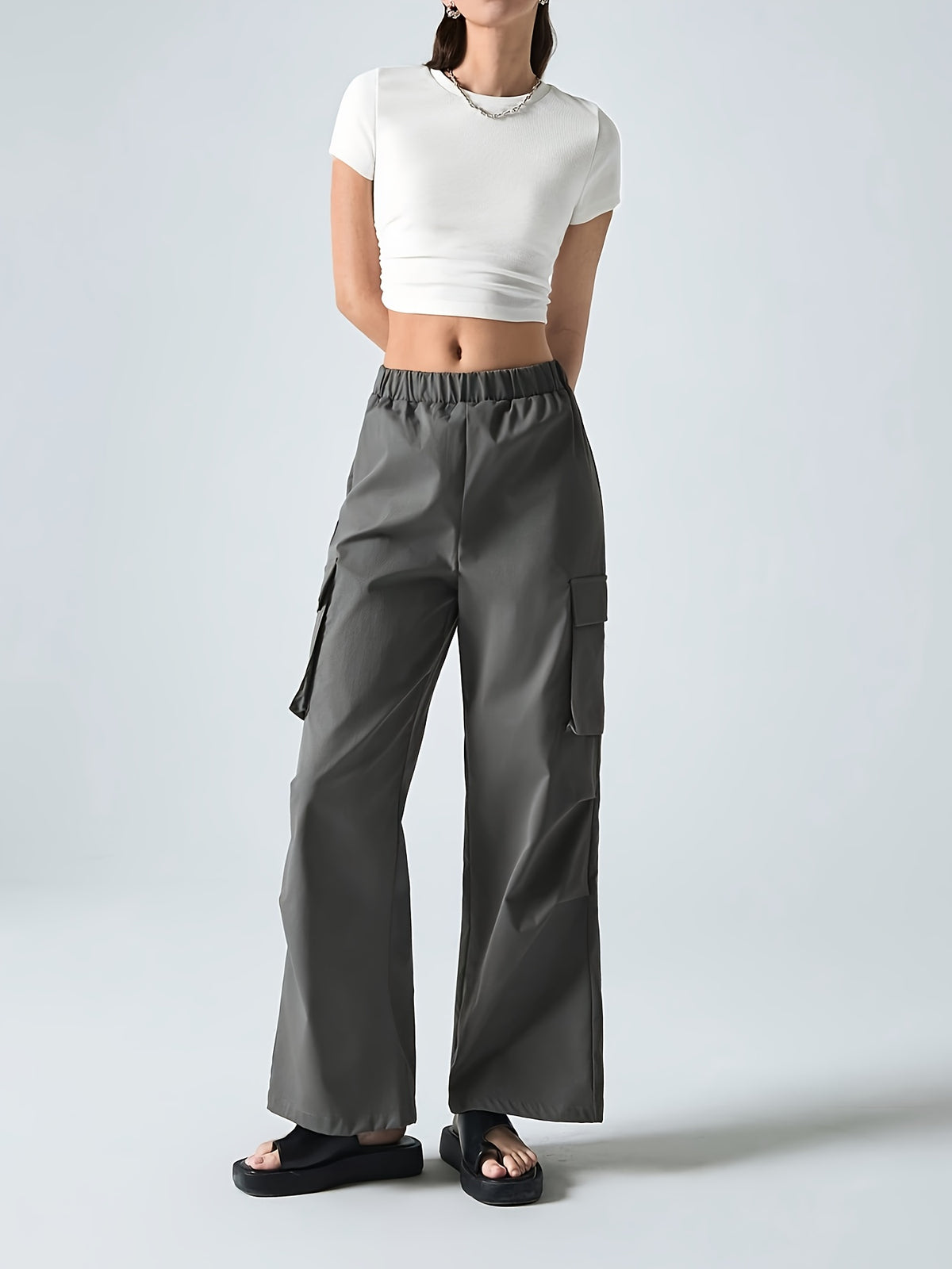 Women’s Casual Two-Piece Set – Solid Color Short Sleeve T-Shirt & Cargo Pants | Breathable Spring/Summer Outfit