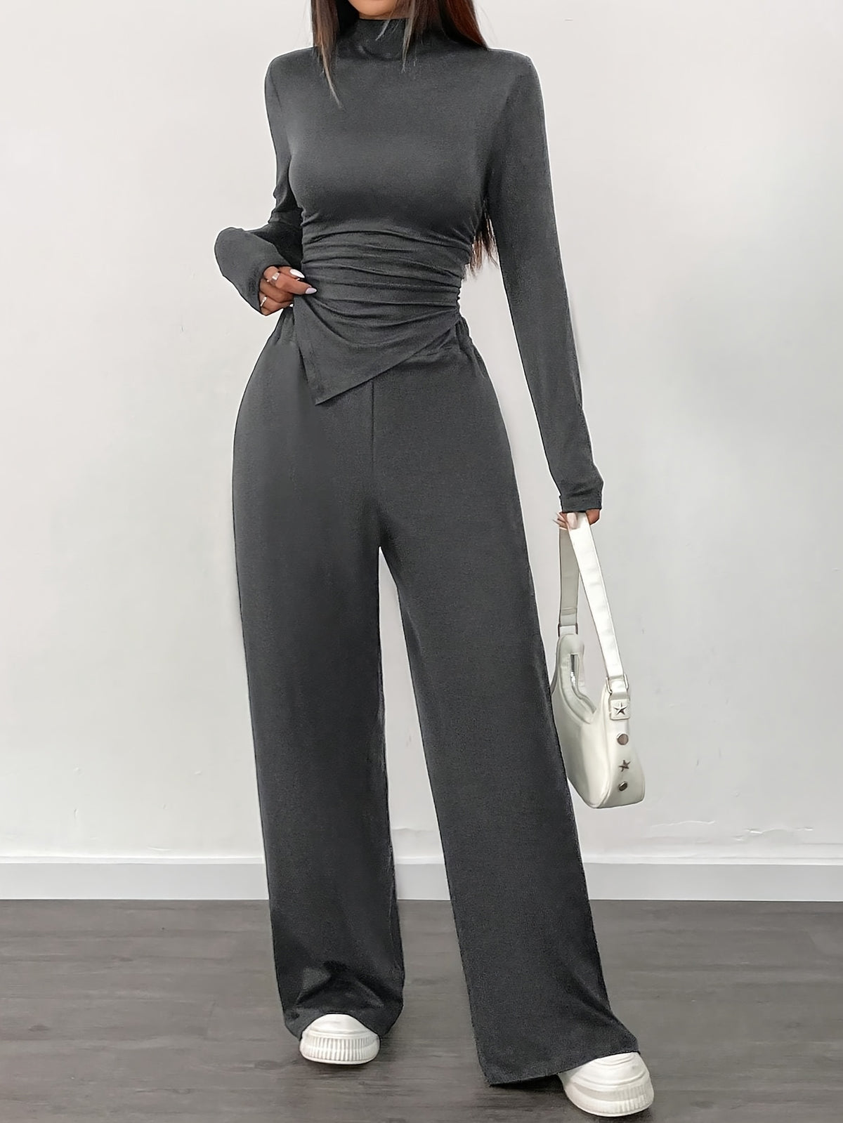 Women’s 2-Piece Set – Solid Color Asymmetrical Ruffled Long-Sleeve Shirt with Wide-Leg Pants | Casual Chic Spring/Summer Outfit