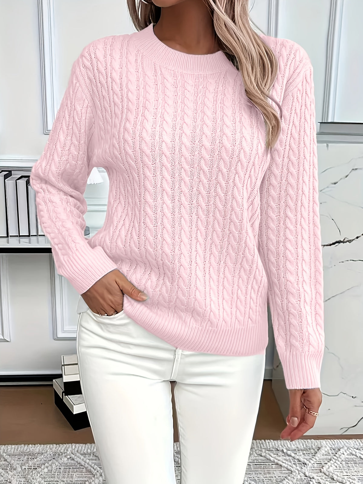 Yozy Women’s Casual Loose-Fit Sweater – Solid Color Ribbed Knit Long Sleeve Pullover | Comfortable Crew Neck Top for Spring & Autumn