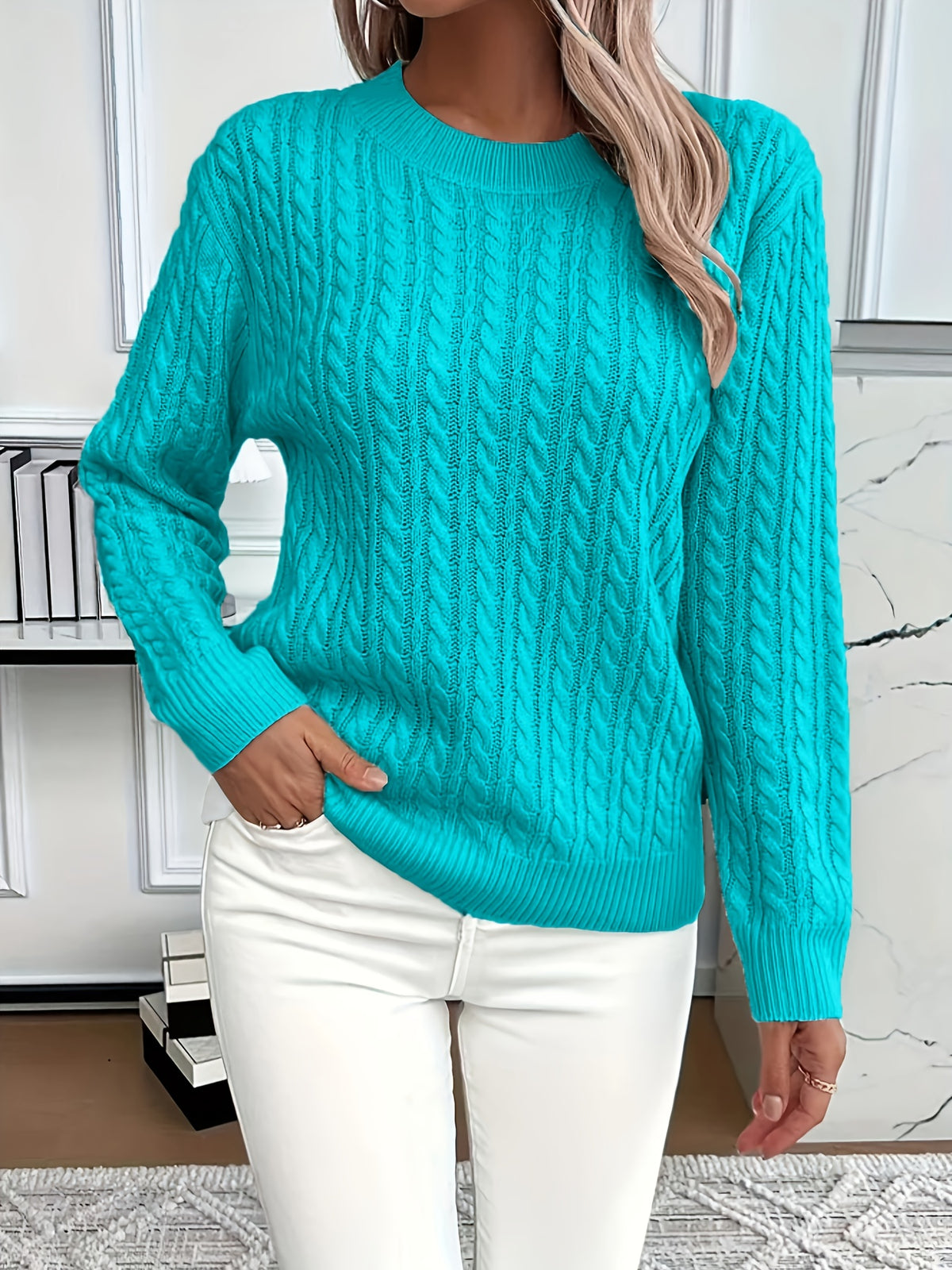 Yozy Women’s Casual Loose-Fit Sweater – Solid Color Ribbed Knit Long Sleeve Pullover | Comfortable Crew Neck Top for Spring & Autumn
