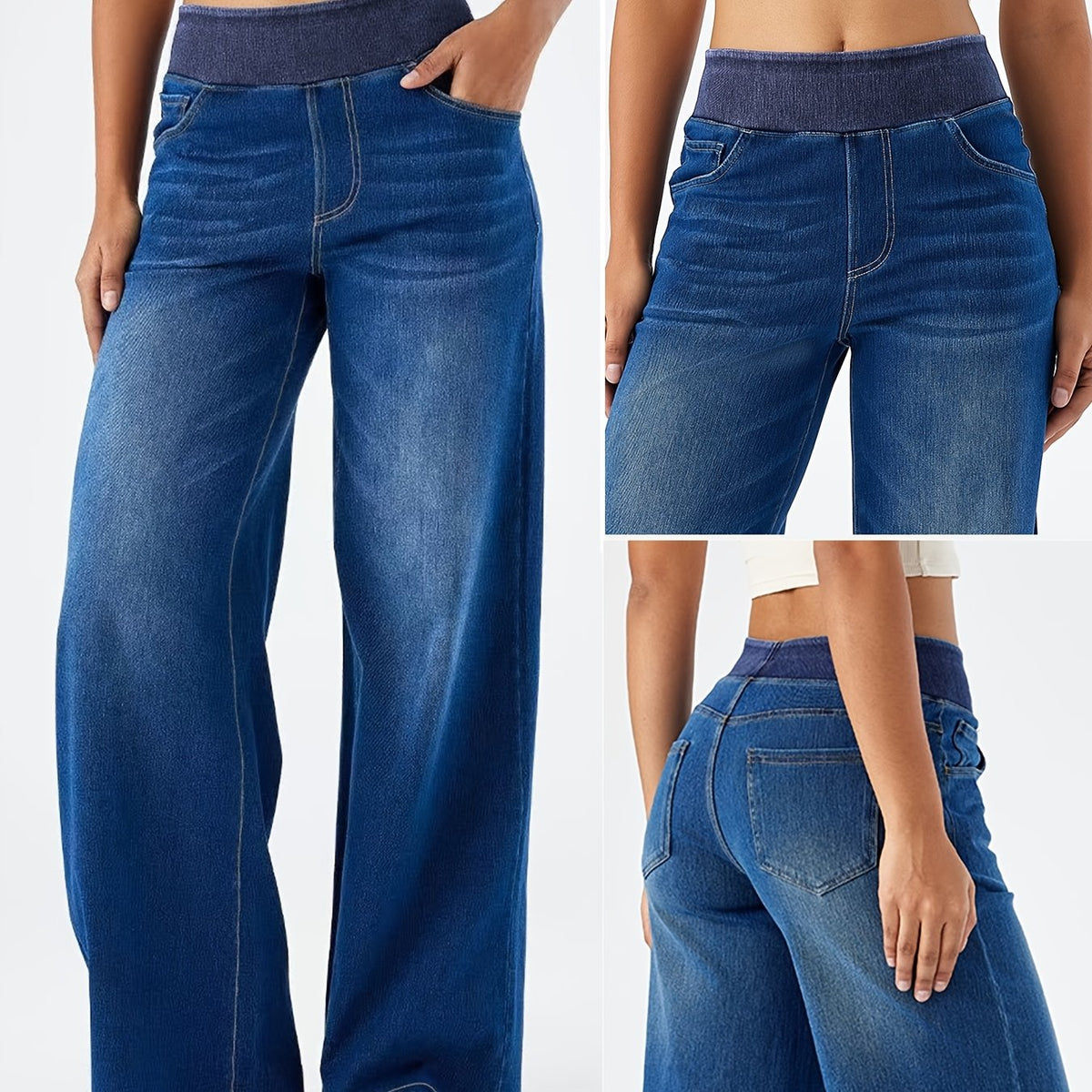 Women’s High-Waisted Stretch Wide-Leg Jeans – Elastic Waist Washed Denim Pants | Relaxed Fit, Soft & Comfortable All-Season Style