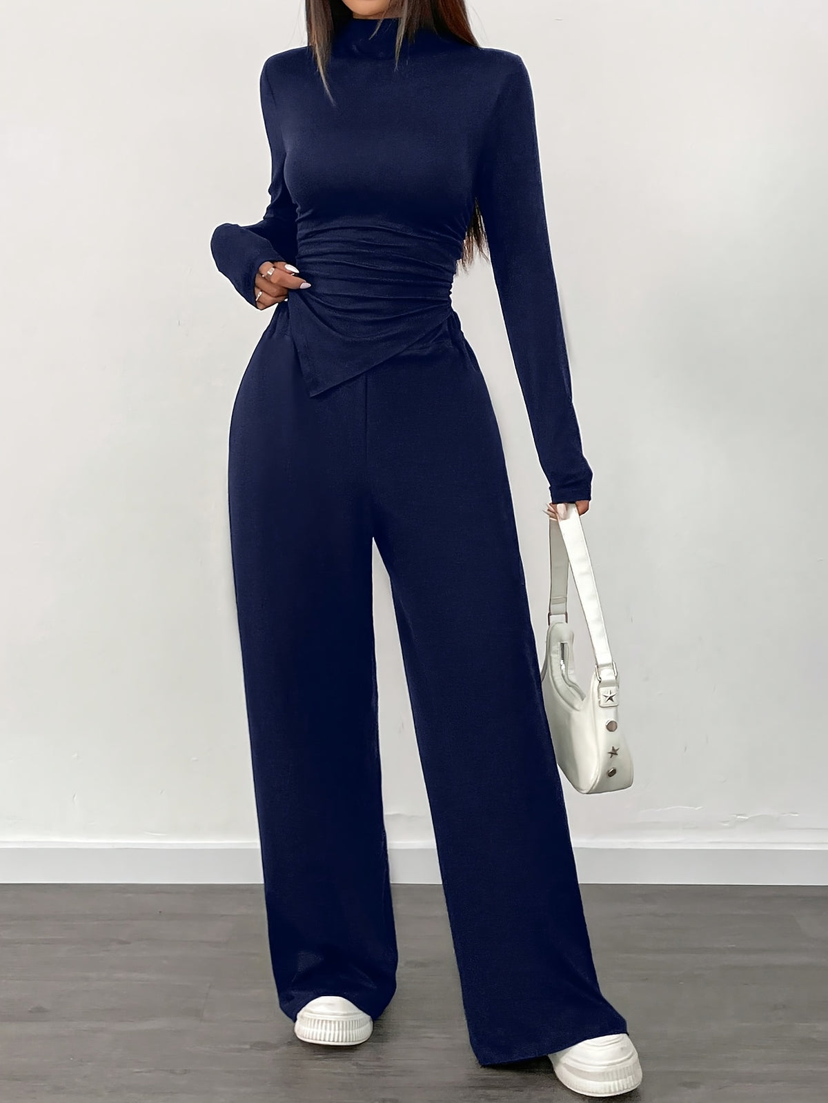 Women’s 2-Piece Set – Solid Color Asymmetrical Ruffled Long-Sleeve Shirt with Wide-Leg Pants | Casual Chic Spring/Summer Outfit