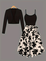 Women’s Elegant Two-Piece Dress Suit – Knit Cardigan Jacket & Lace-Up Suspender Dress | Floral Print Outfit for All Seasons