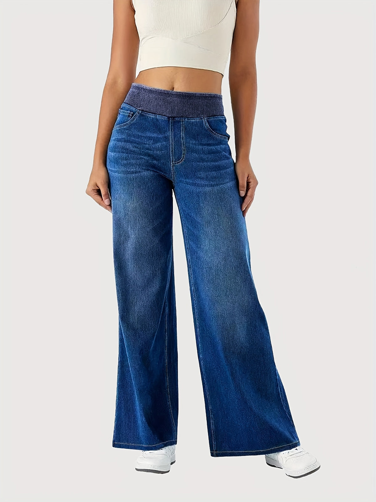 Women’s High-Waisted Stretch Wide-Leg Jeans – Elastic Waist Washed Denim Pants | Relaxed Fit, Soft & Comfortable All-Season Style
