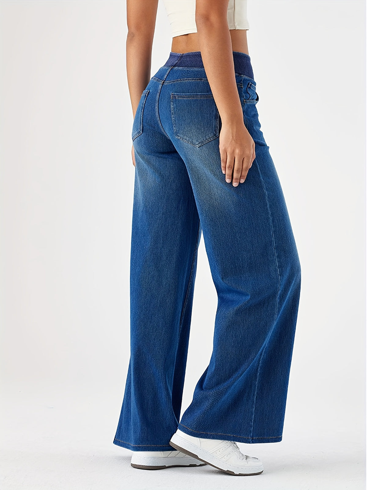 Women’s High-Waisted Stretch Wide-Leg Jeans – Elastic Waist Washed Denim Pants | Relaxed Fit, Soft & Comfortable All-Season Style