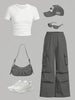 Women’s Casual Two-Piece Set – Solid Color Short Sleeve T-Shirt & Cargo Pants | Breathable Spring/Summer Outfit