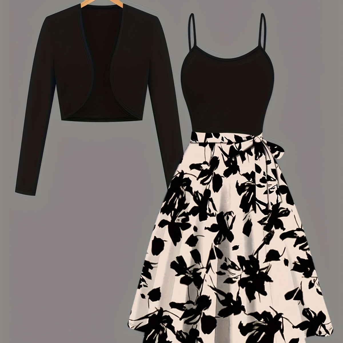 Women’s Elegant Two-Piece Dress Suit – Knit Cardigan Jacket & Lace-Up Suspender Dress | Floral Print Outfit for All Seasons