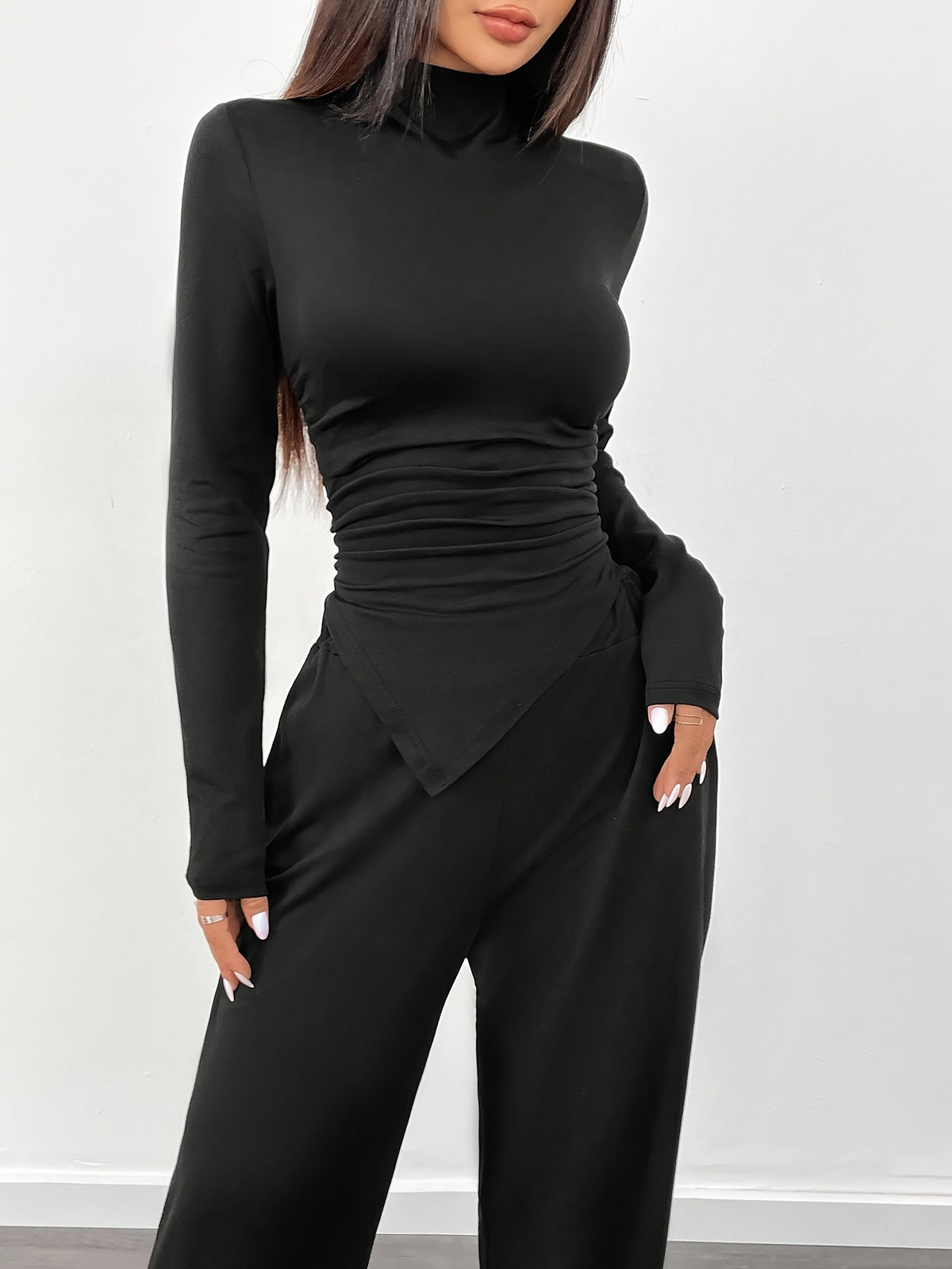 Women’s 2-Piece Set – Solid Color Asymmetrical Ruffled Long-Sleeve Shirt with Wide-Leg Pants | Casual Chic Spring/Summer Outfit