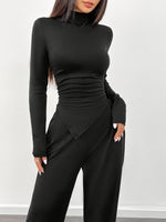 Women’s 2-Piece Set – Solid Color Asymmetrical Ruffled Long-Sleeve Shirt with Wide-Leg Pants | Casual Chic Spring/Summer Outfit