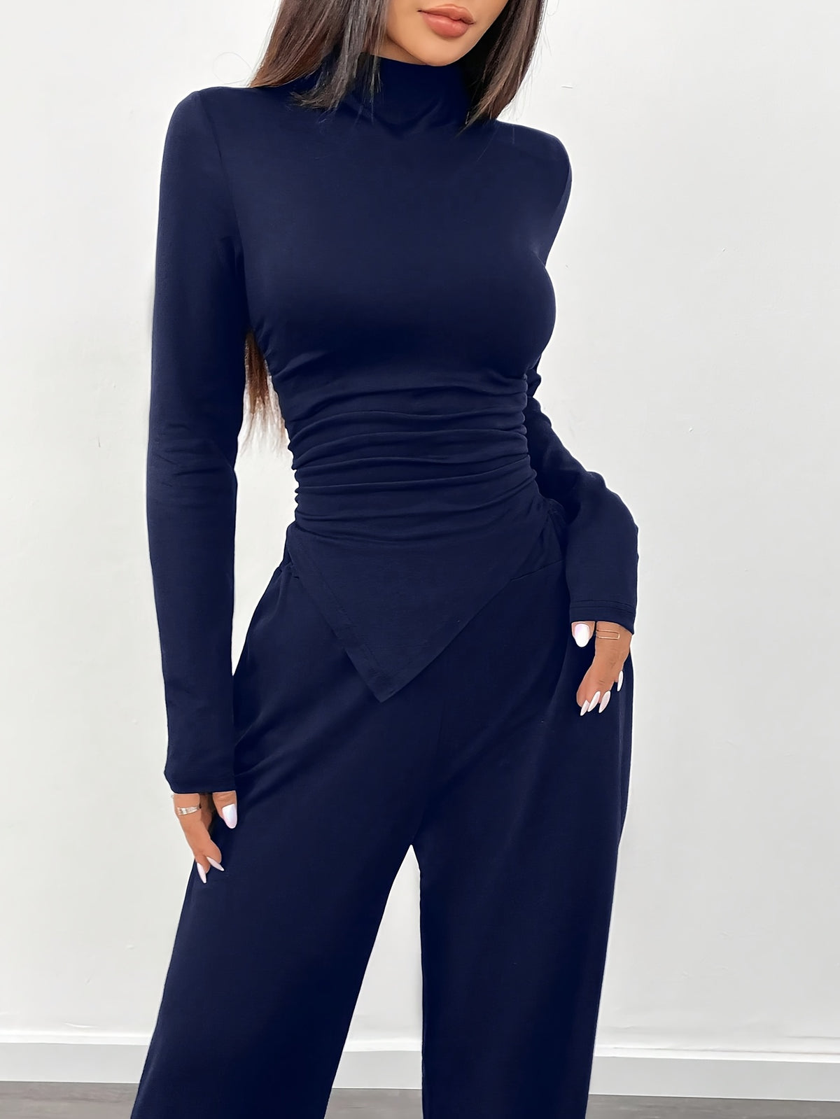 Women’s 2-Piece Set – Solid Color Asymmetrical Ruffled Long-Sleeve Shirt with Wide-Leg Pants | Casual Chic Spring/Summer Outfit