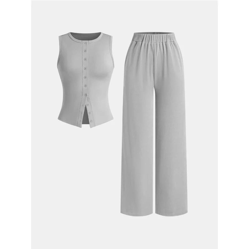 Women’s Summer Two-Piece Set – Thin Ribbed Button Vest with Wide Leg Pants | Casual Ice Sense Outfit