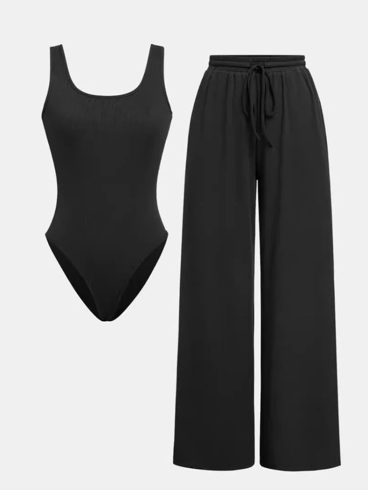 Women’s Two-Piece Pants Set – Sleeveless Bodysuit Vest with High Waist Wide Leg Pants | Casual Y2K Matching Outfit
