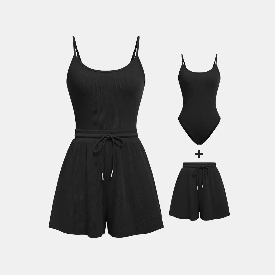 Yozy Short Set Women Two Piece Sets Sling Sleeveless Matching Sets Bodysuits Overalls Shorts Pants Lace Up Elastic Waist Casual Loose