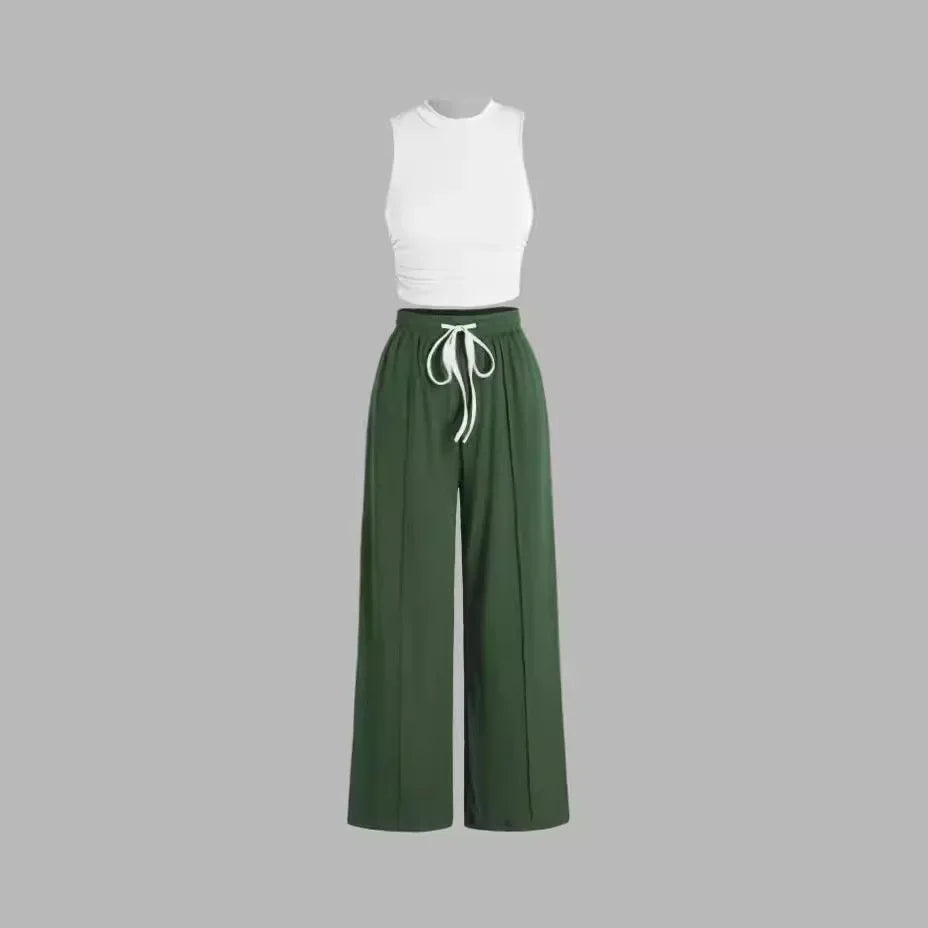 Women’s Summer Two-Piece Pants Set – Solid Color Sleeveless Vest with Pleated Trousers | Casual & Elegant Wrinkle-Free Outfit