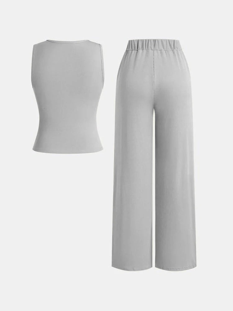 Women’s Summer Two-Piece Set – Thin Ribbed Button Vest with Wide Leg Pants | Casual Ice Sense Outfit