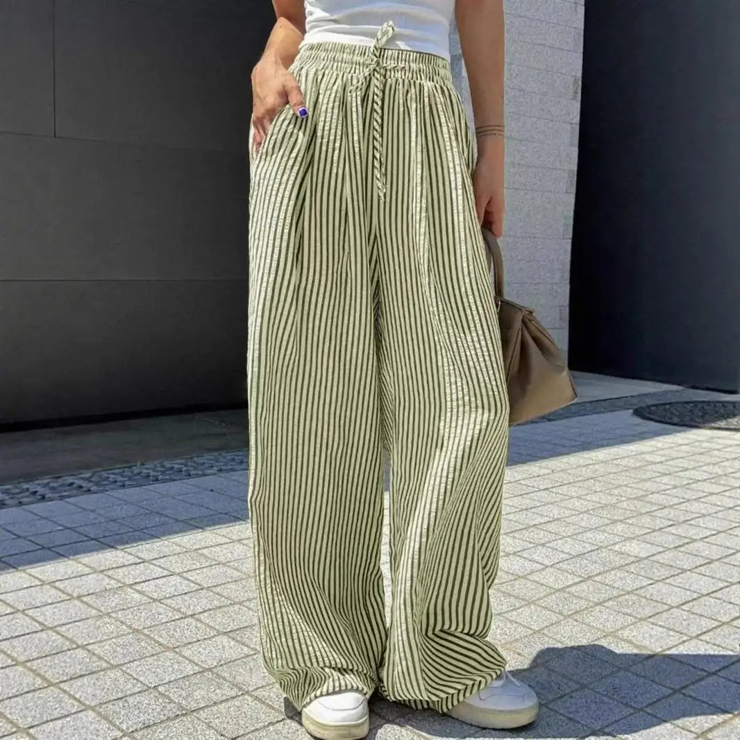 Women’s Casual Striped Straight Leg Pants – High Quality Polyester Trousers with Natural Waist | Elegant Winter Fashion