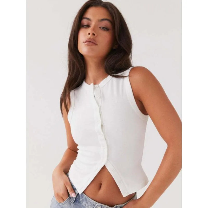 Women’s Ribbed Button Down Tank Top – Slim Fit Sleeveless Crop Vest for Summer Outfits & Going Out