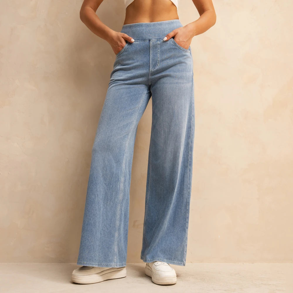 Women’s High-Waisted Wide-Leg Jeans – Light Blue Elastic Waist Denim Pants with Pockets | Casual Baggy Fit (Spring/Summer 2025)