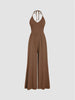 Women’s Sexy Halter Neck Lace-Up Jumpsuit – Open Back High Waist Wide Leg Y2K Knit One-Piece Outfit (2025 Collection)