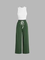 Women’s Summer Two-Piece Pants Set – Solid Color Sleeveless Vest with Pleated Trousers | Casual & Elegant Wrinkle-Free Outfit