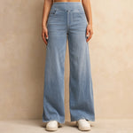 Women’s High-Waisted Wide-Leg Jeans – Light Blue Elastic Waist Denim Pants with Pockets | Casual Baggy Fit (Spring/Summer 2025)