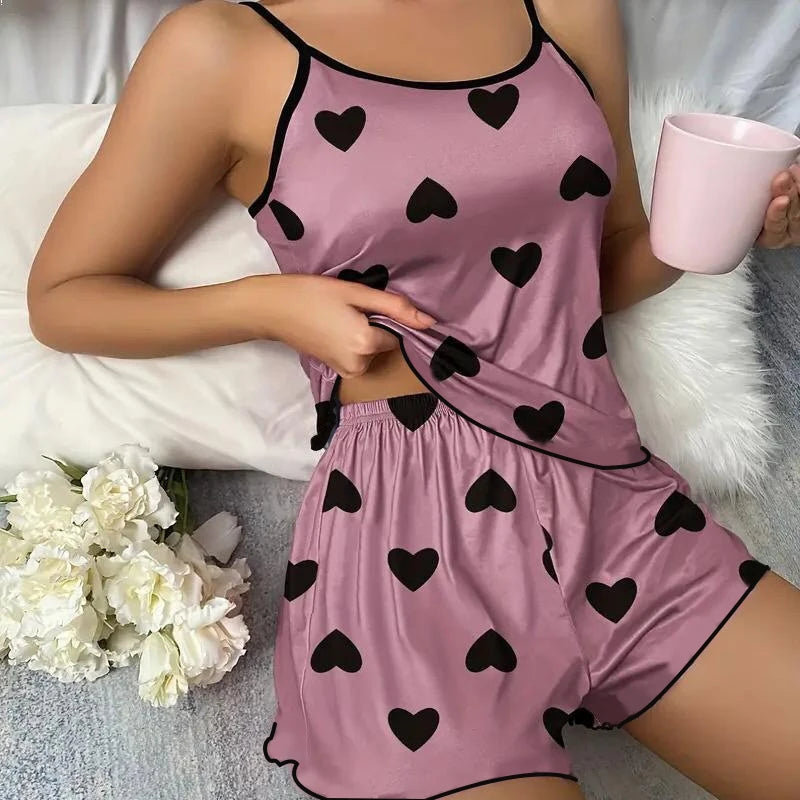 Women’s Summer Pajama Set – Pink Heart Print Sleeveless T-Shirt & Shorts | Ice Silk Polyester Casual Sleepwear