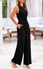 Women’s Solid Color Sleeveless Jumpsuit – Casual One-Piece Korean Style Round Neck Bodysuit Outfit